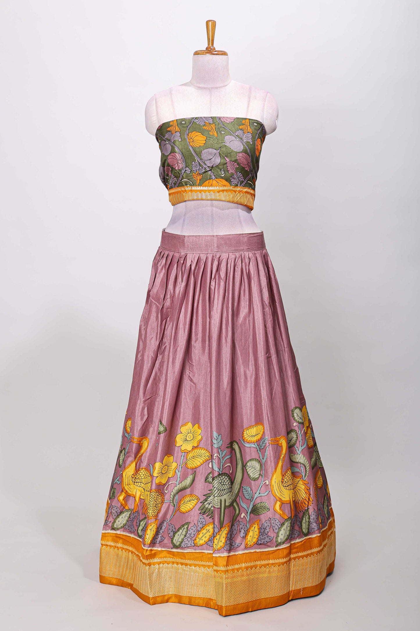 Purple dola silk birds and floral printed lehenga with contrast blouse and dhavani
