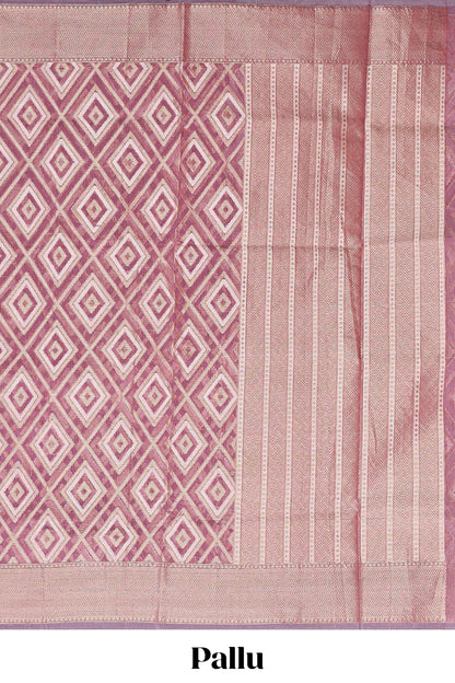 Pink geometric diamond design kota cotton saree with striped pallu and zari border