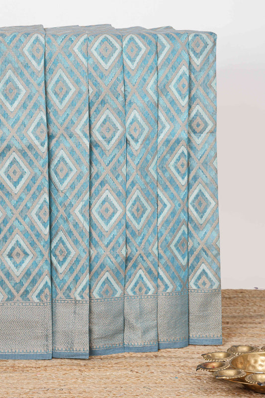 Blue geometric diamond design kota cotton saree with striped pallu and zari border