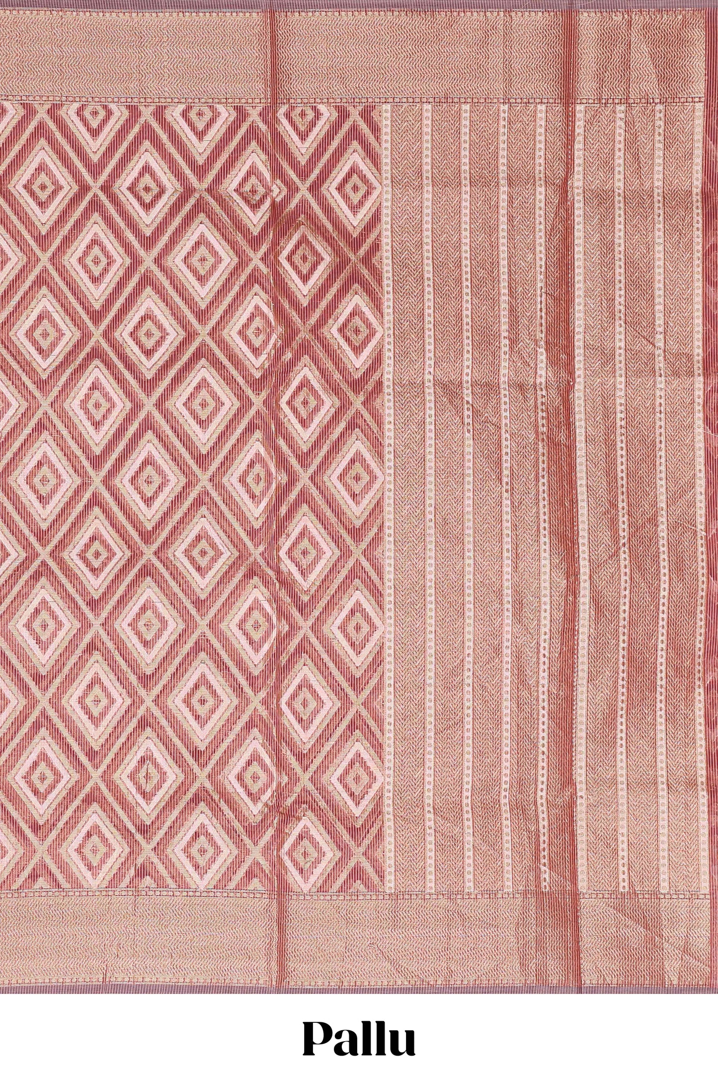 Peach geometric diamond design kota cotton saree with striped pallu and zari border