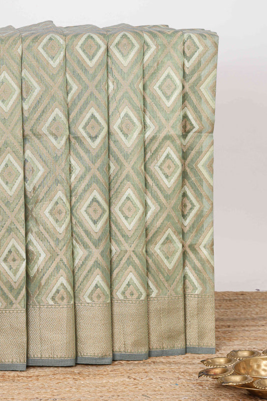 Green geometric diamond design kota cotton saree with striped pallu and zari border