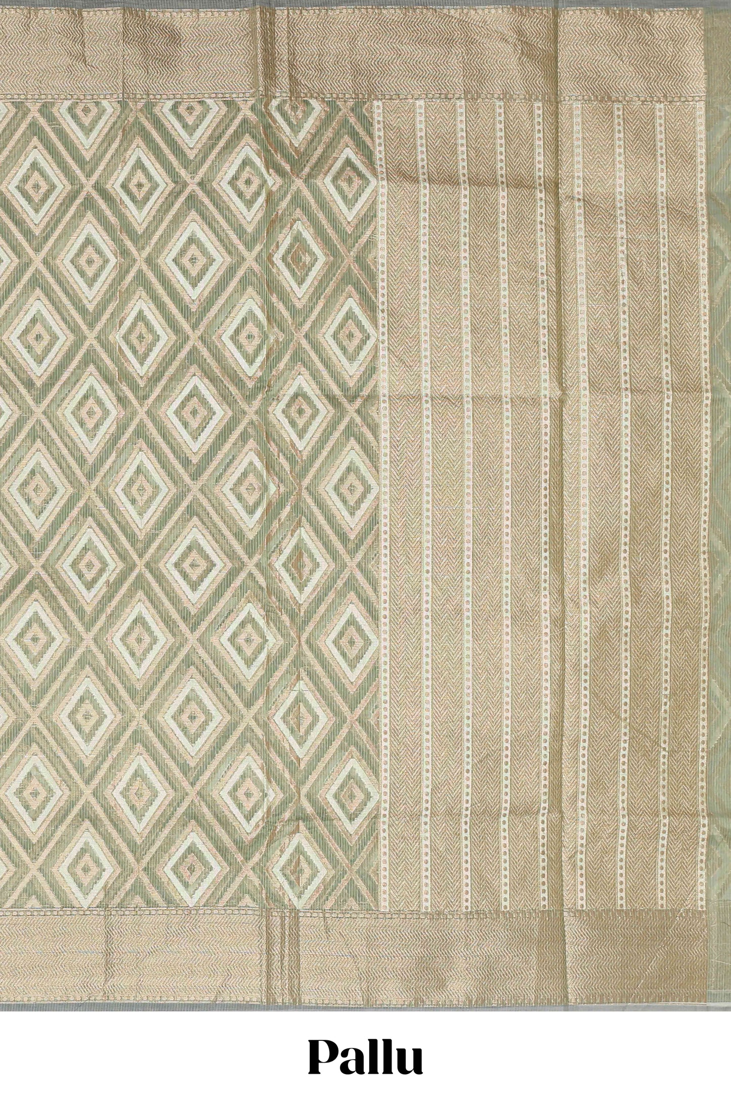 Green geometric diamond design kota cotton saree with striped pallu and zari border