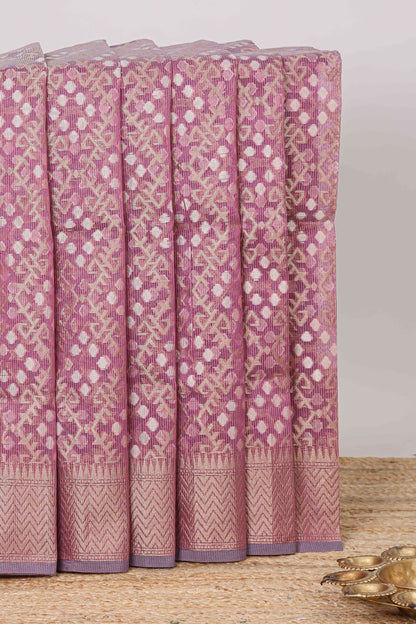 Purple geometric zari weaving kota cotton saree with zig zag zari border and pallu