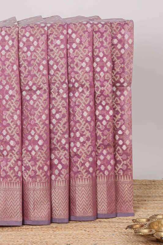 Purple geometric zari weaving kota cotton saree with zig zag zari border and pallu