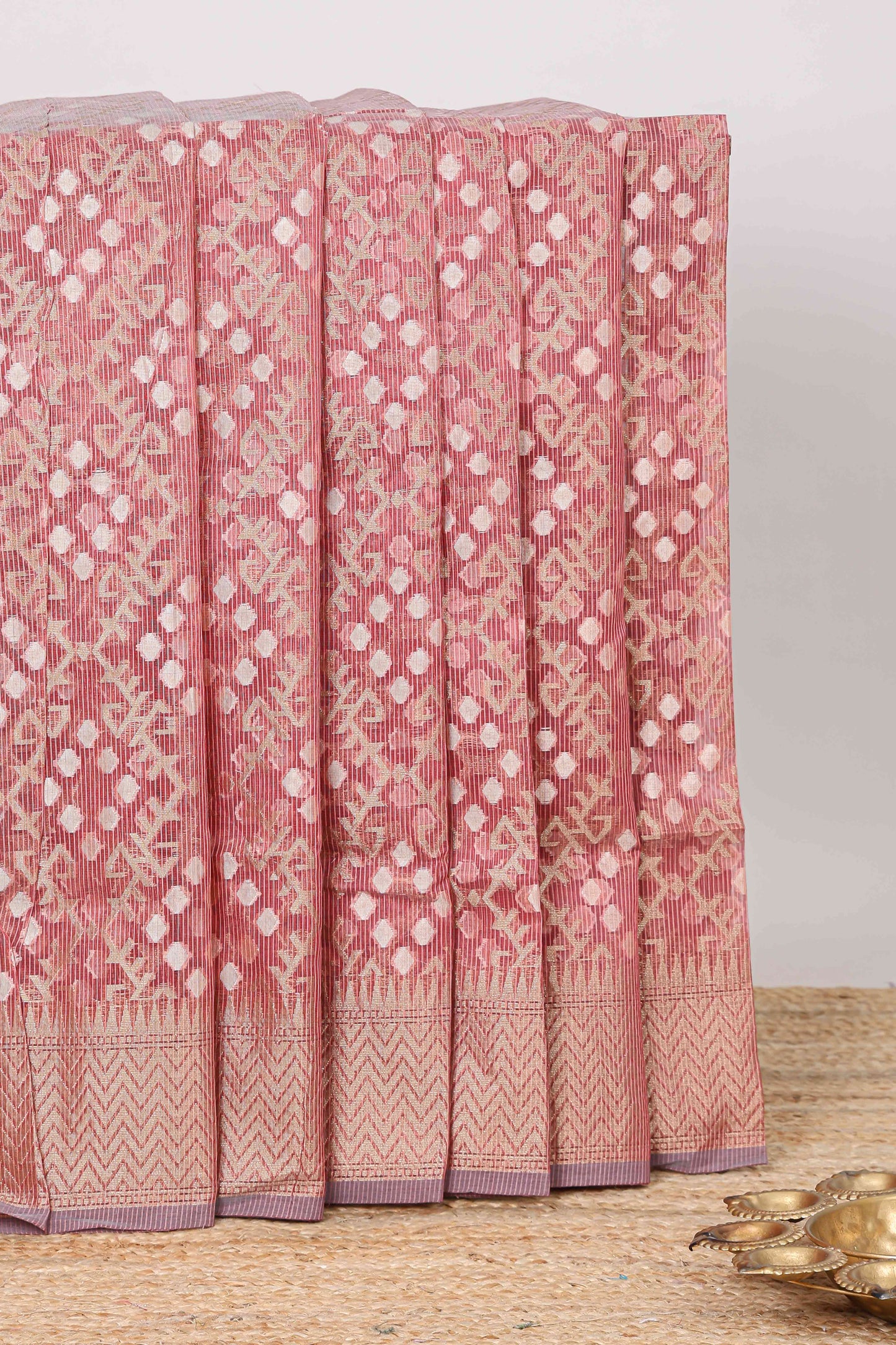 Pink geometric zari weaving kota cotton saree with zig zag zari border and pallu