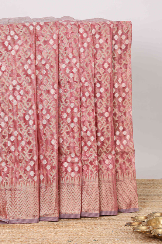 Pink geometric zari weaving kota cotton saree with zig zag zari border and pallu