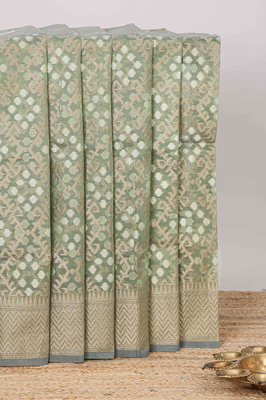 Green geometric zari weaving kota cotton saree with zig zag zari border and pallu