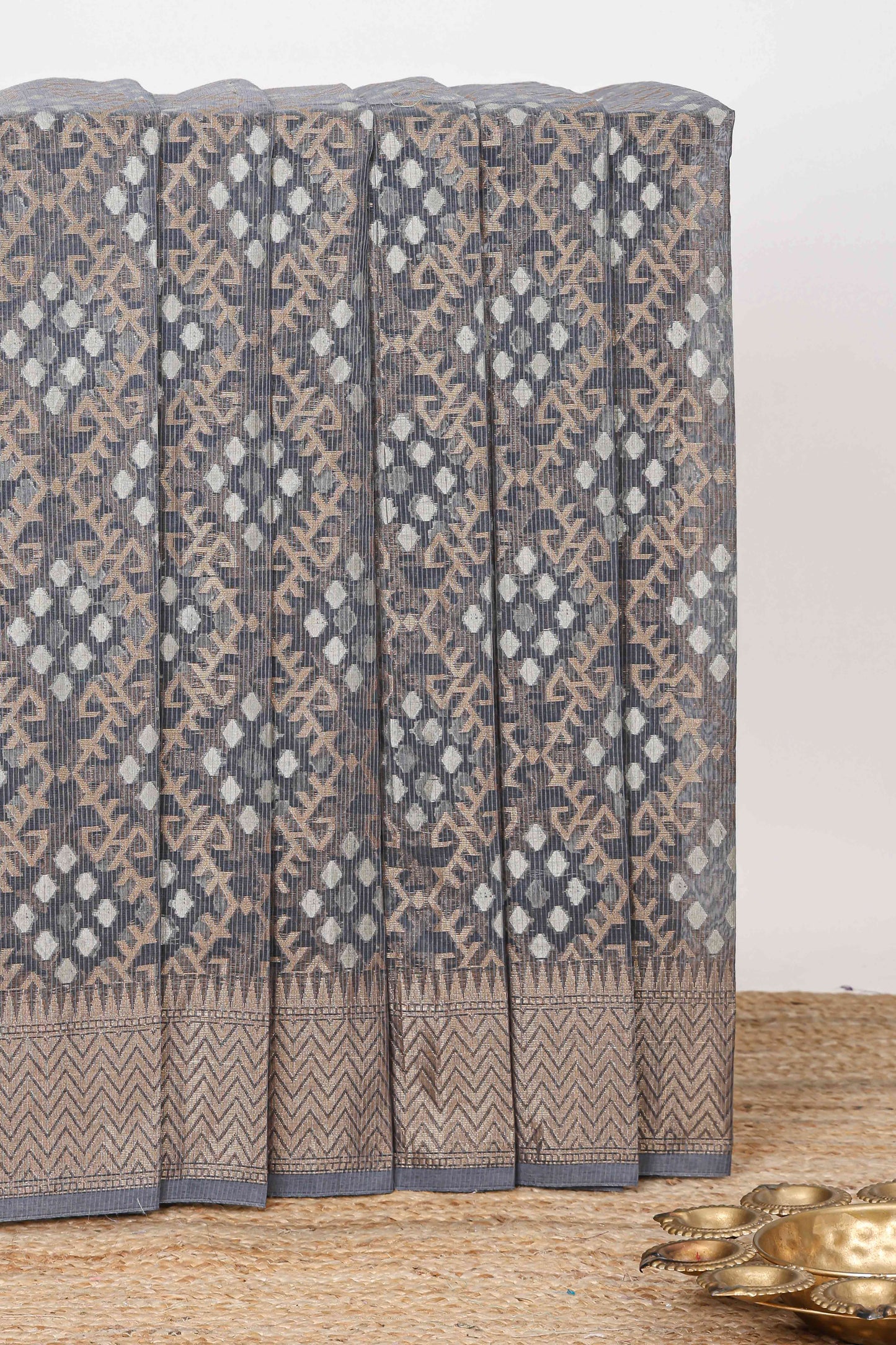 Grey geometric zari weaving kota cotton saree with zig zag zari border and pallu