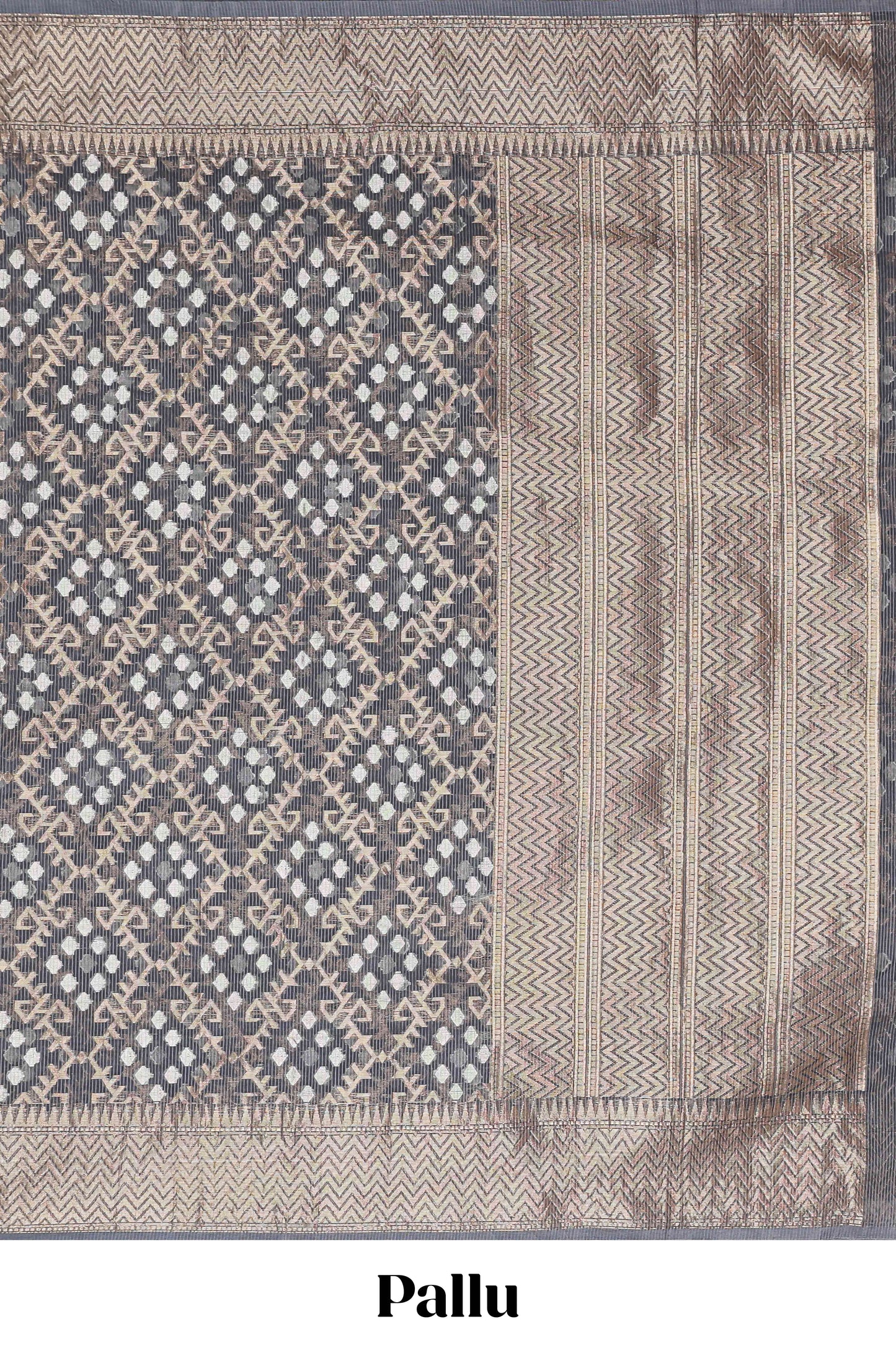 Grey geometric zari weaving kota cotton saree with zig zag zari border and pallu