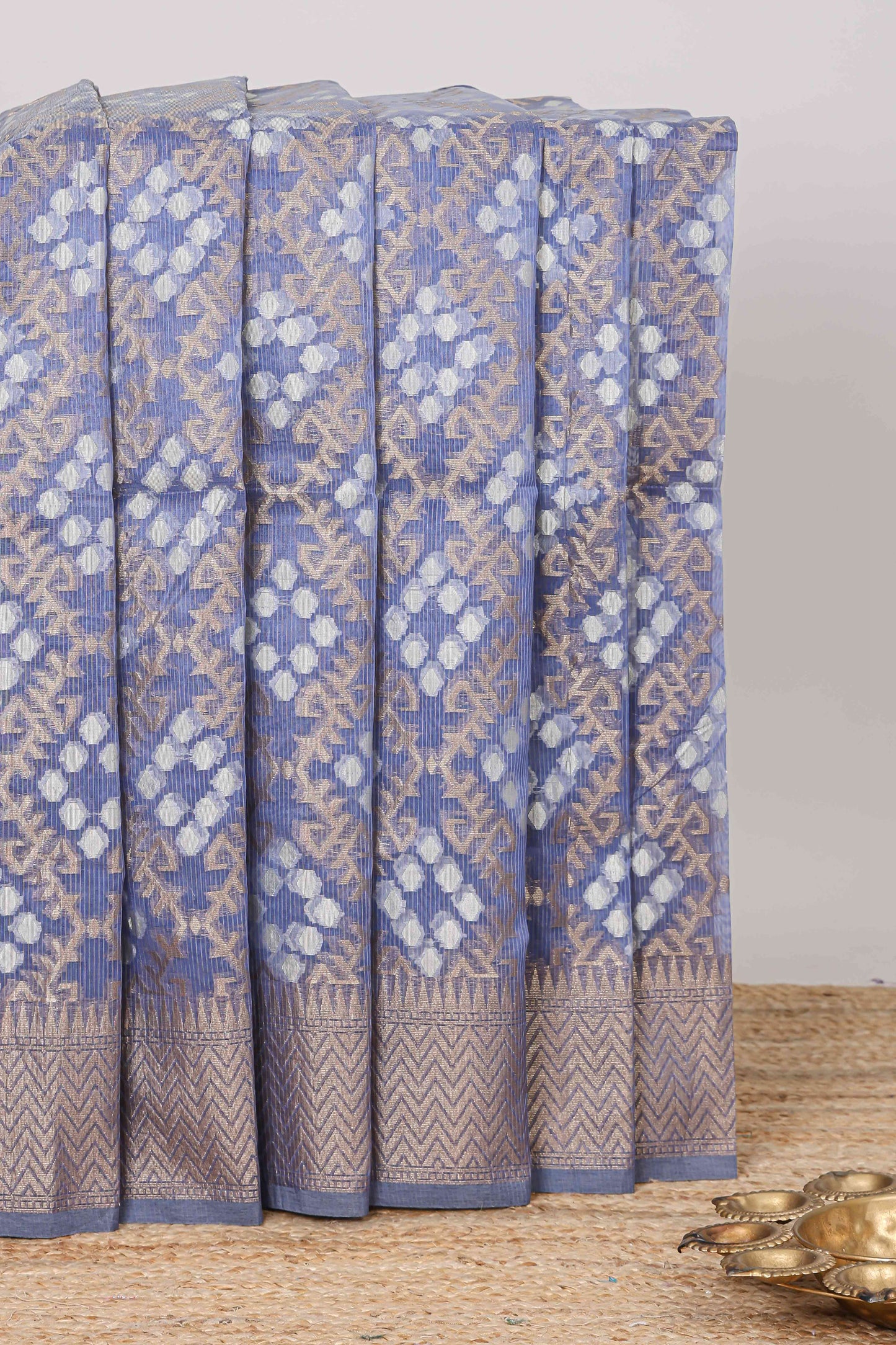 Blue geometric zari weaving kota cotton saree with zig zag zari border and pallu