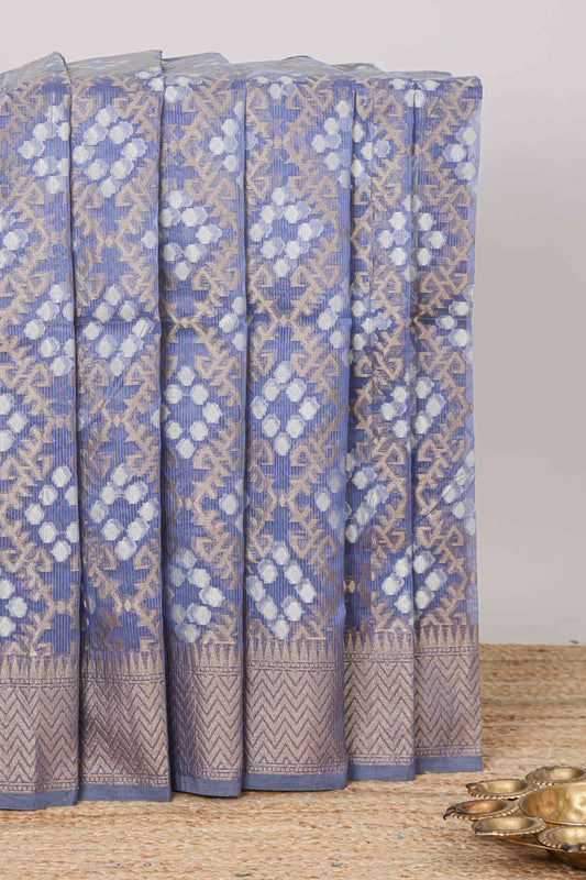 Blue geometric zari weaving kota cotton saree with zig zag zari border and pallu