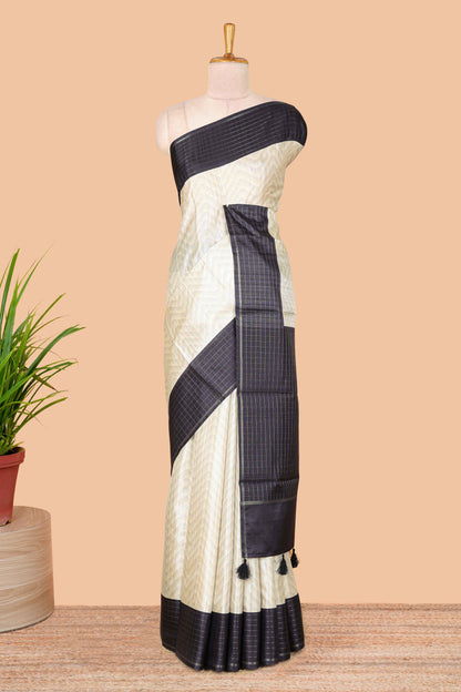 Sandal zig zag art tussar silk saree with contrast checked zari border and pallu