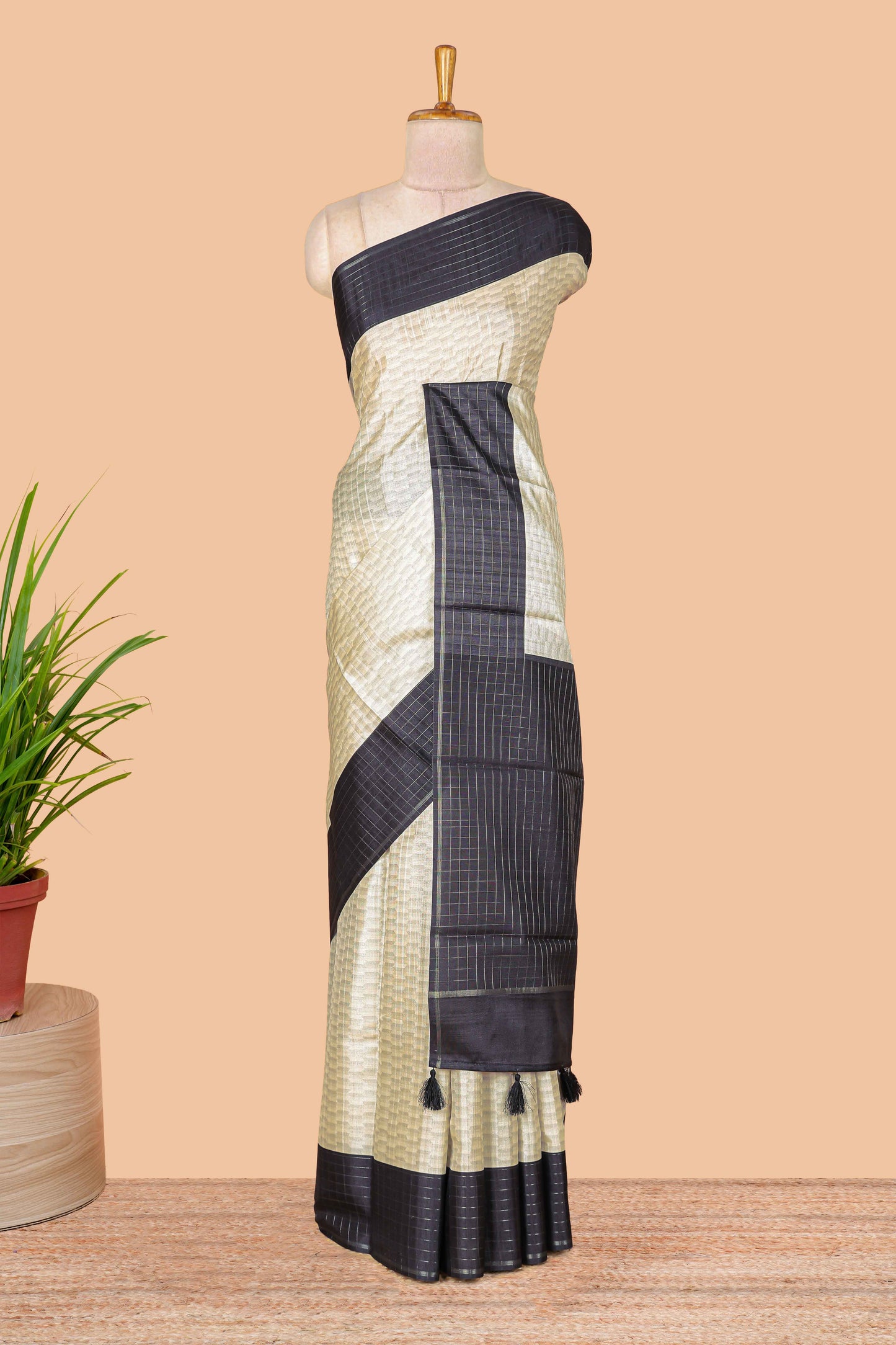 Sandal art tussar silk saree with zig zag weave inspired print & contrast zari check border and pallu