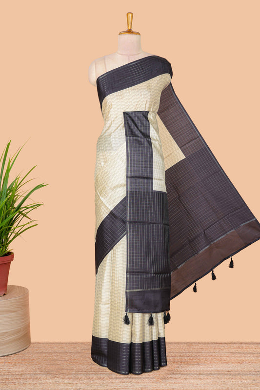 Sandal art tussar silk saree with zig zag weave inspired print & contrast zari check border and pallu