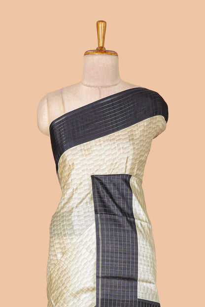 Sandal art tussar silk saree with zig zag weave inspired print & contrast zari check border and pallu
