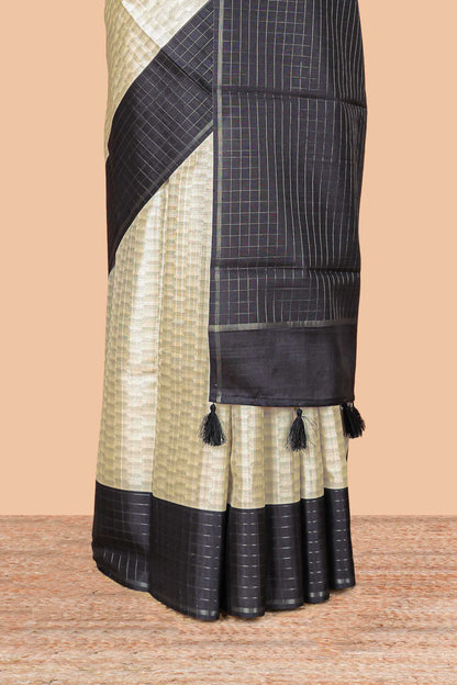 Sandal art tussar silk saree with zig zag weave inspired print & contrast zari check border and pallu