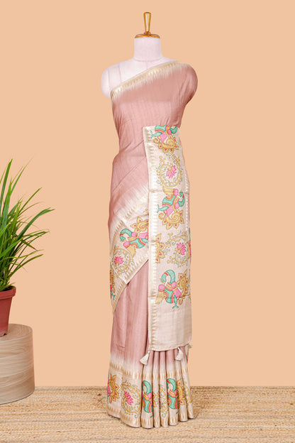 Peach plain art tussar silk saree with contrast peacock and lotus theme border and printed pallu