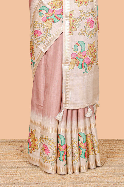 Peach plain art tussar silk saree with contrast peacock and lotus theme border and printed pallu