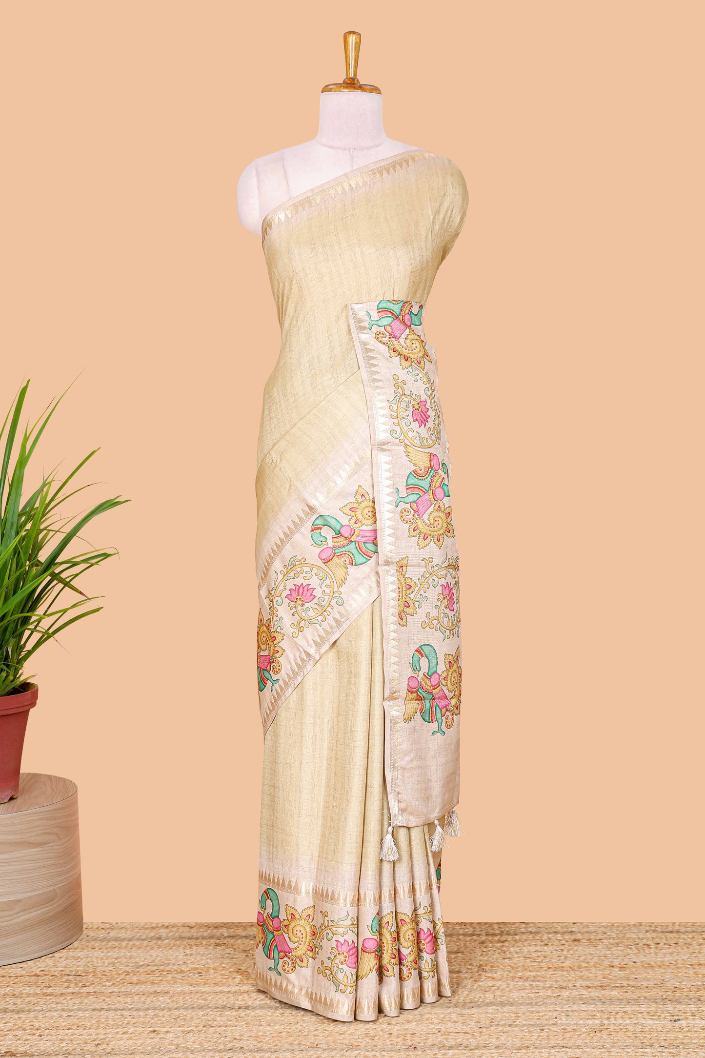 Yellow plain art tussar silk saree with contrast peacock and lotus theme border and printed pallu