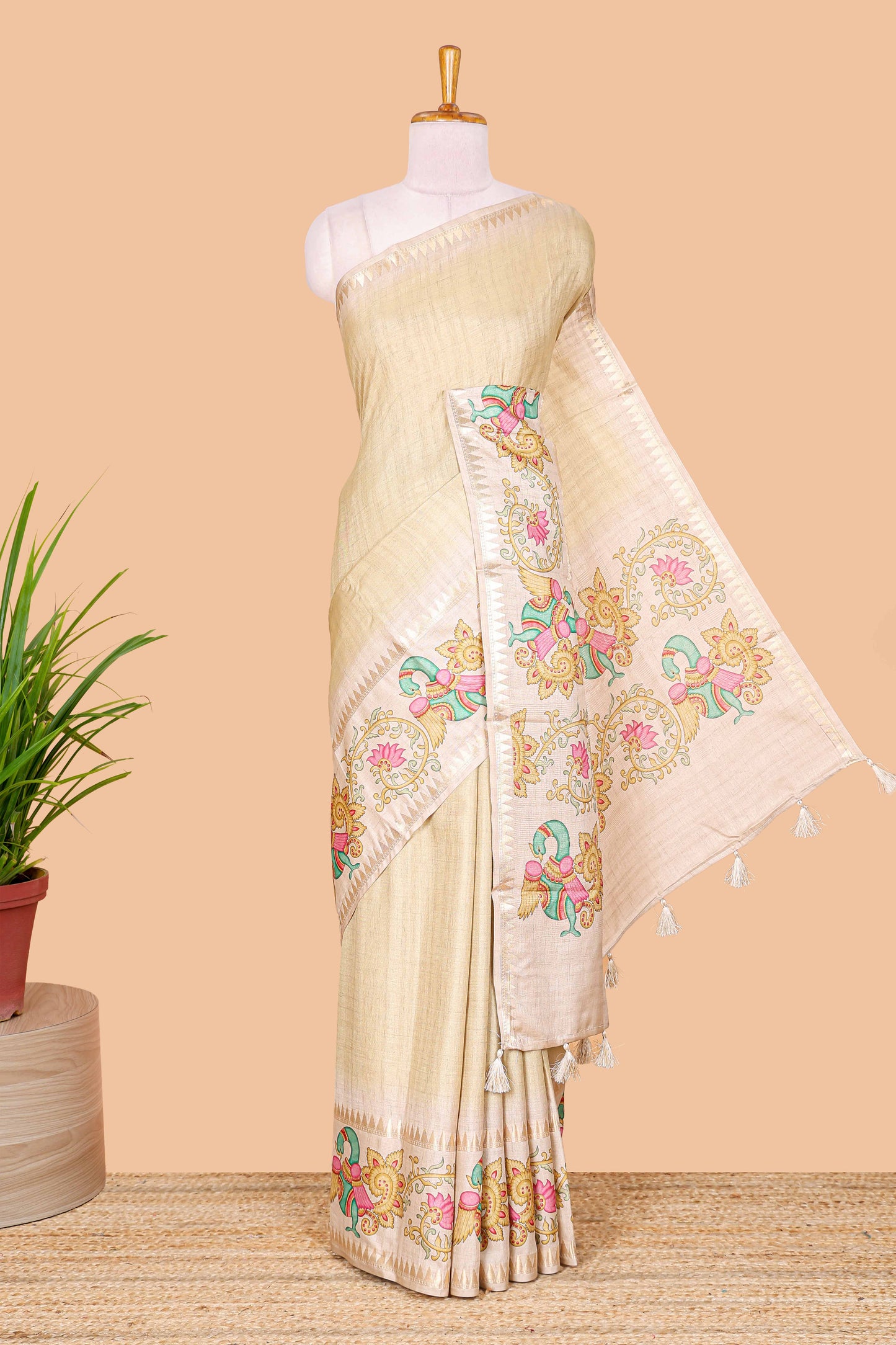 Yellow plain art tussar silk saree with contrast peacock and lotus theme border and printed pallu