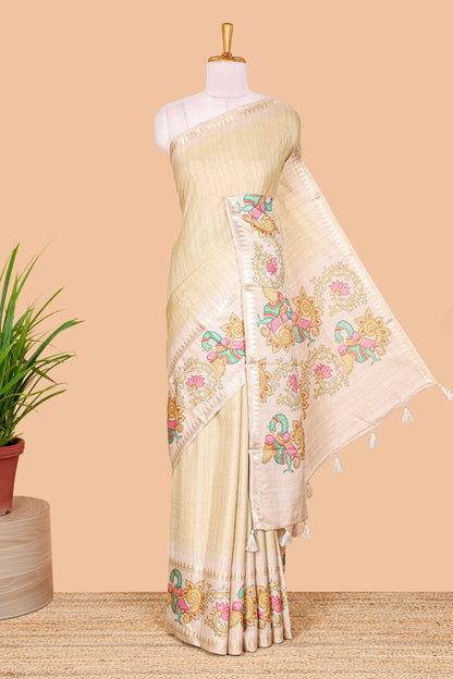 Yellow plain art tussar silk saree with contrast peacock and lotus theme border and printed pallu