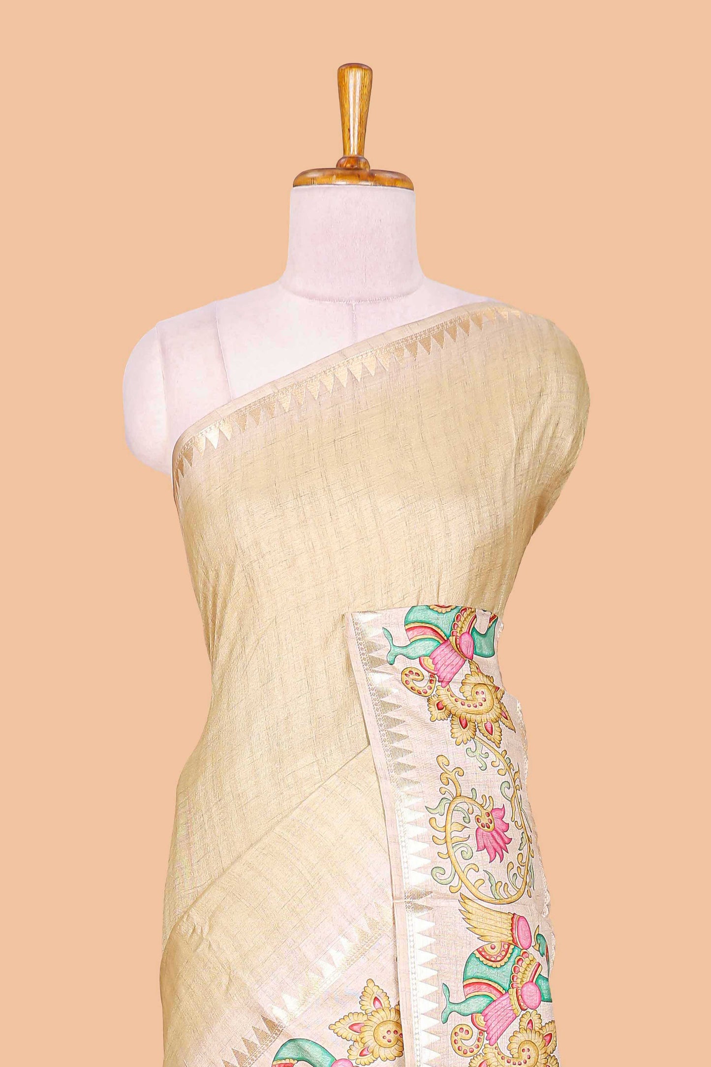 Yellow plain art tussar silk saree with contrast peacock and lotus theme border and printed pallu