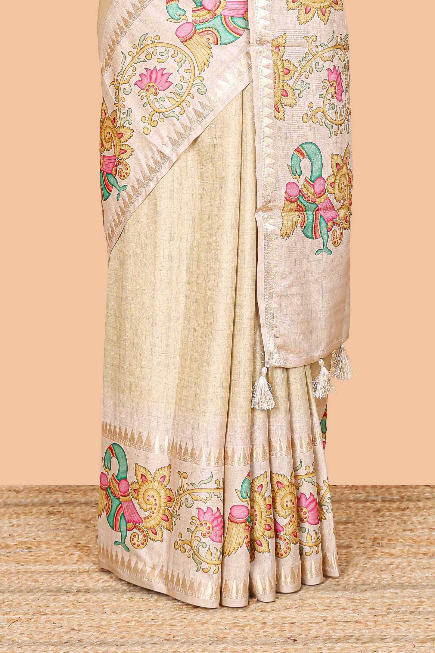 Yellow plain art tussar silk saree with contrast peacock and lotus theme border and printed pallu