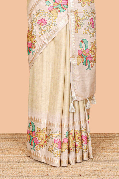 Yellow plain art tussar silk saree with contrast peacock and lotus theme border and printed pallu