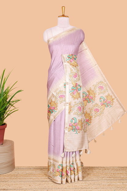 Lavender plain art tussar silk saree with contrast peacock and lotus theme border and printed pallu