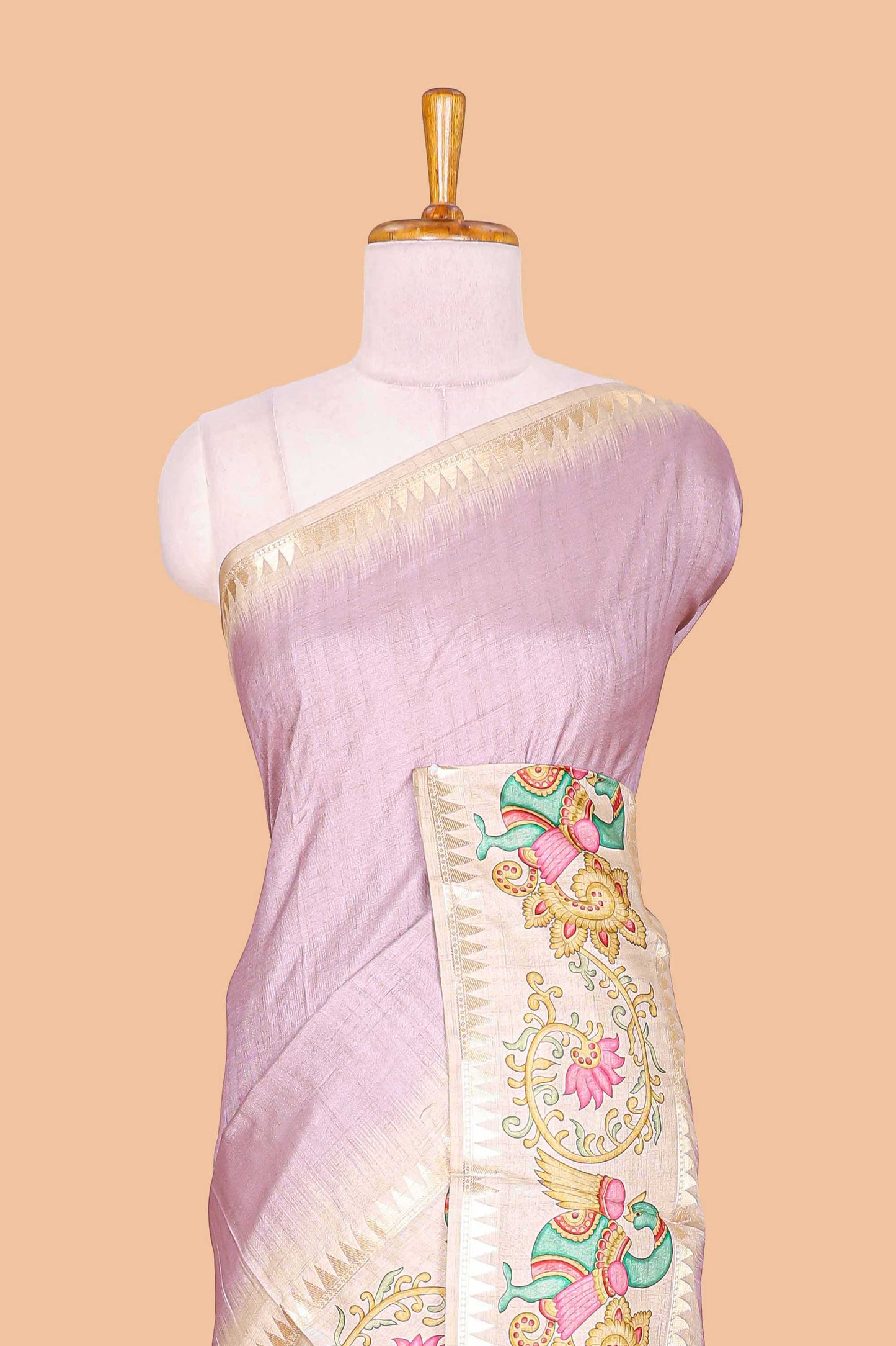 Lavender plain art tussar silk saree with contrast peacock and lotus theme border and printed pallu