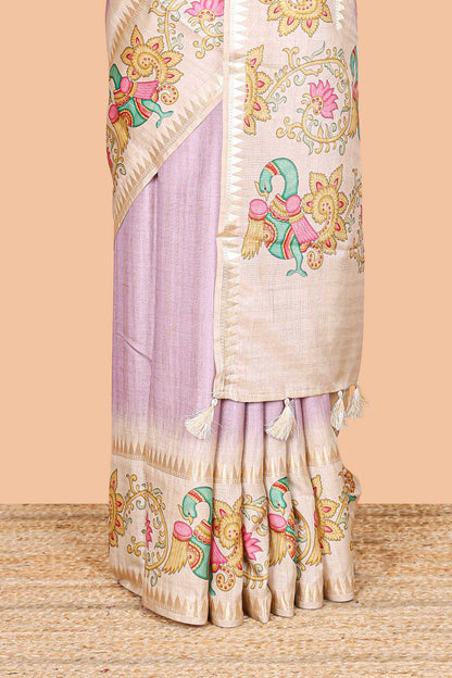 Lavender plain art tussar silk saree with contrast peacock and lotus theme border and printed pallu