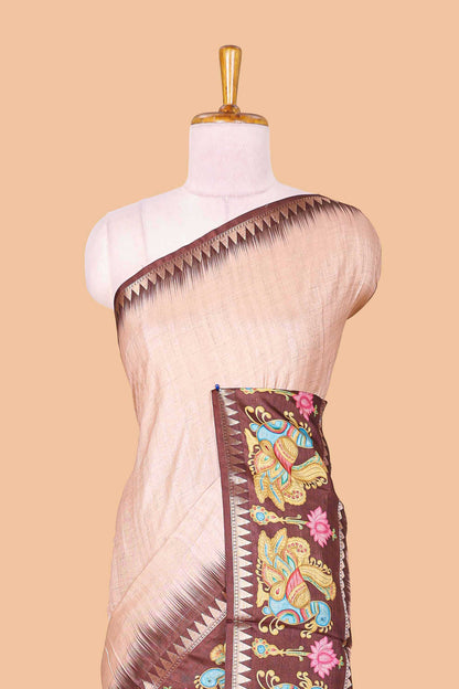 Peach plain art tussar silk saree with contrast annam bird and lotus theme border and printed pallu