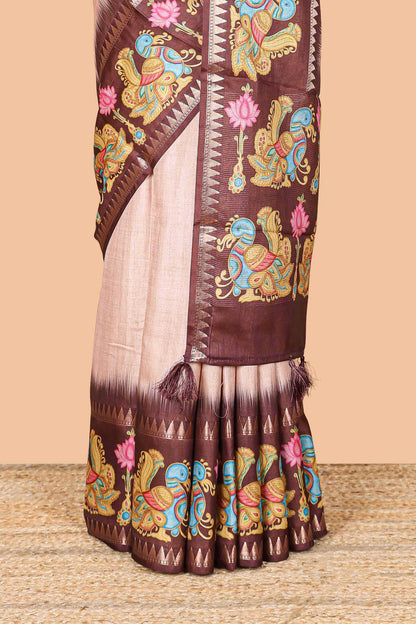 Peach plain art tussar silk saree with contrast annam bird and lotus theme border and printed pallu