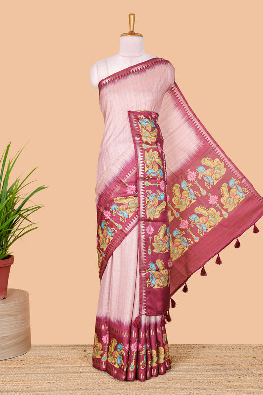 Pink plain art tussar silk saree with contrast annam bird and lotus theme border and printed pallu