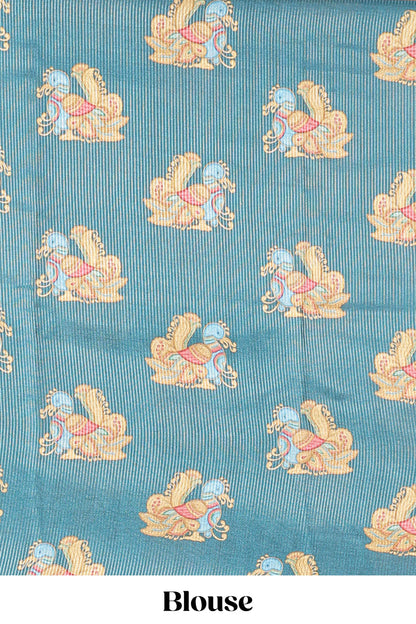 Green plain art tussar silk saree with contrast annam bird and lotus theme border and printed pallu