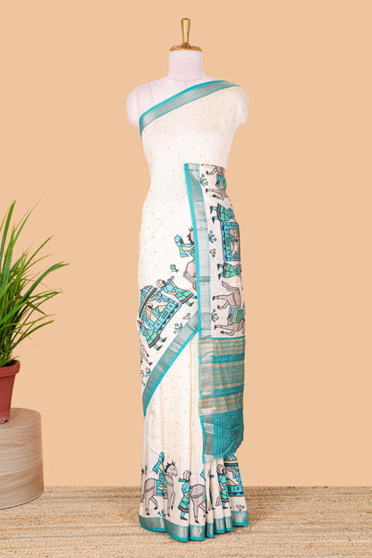 Cream zari dot buttas and pallakku procession themed assam silk saree with contrast green border and striped pallu
