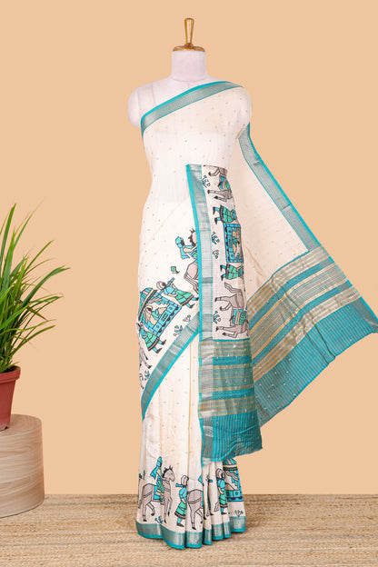 Cream zari dot buttas and pallakku procession themed assam silk saree with contrast green border and striped pallu