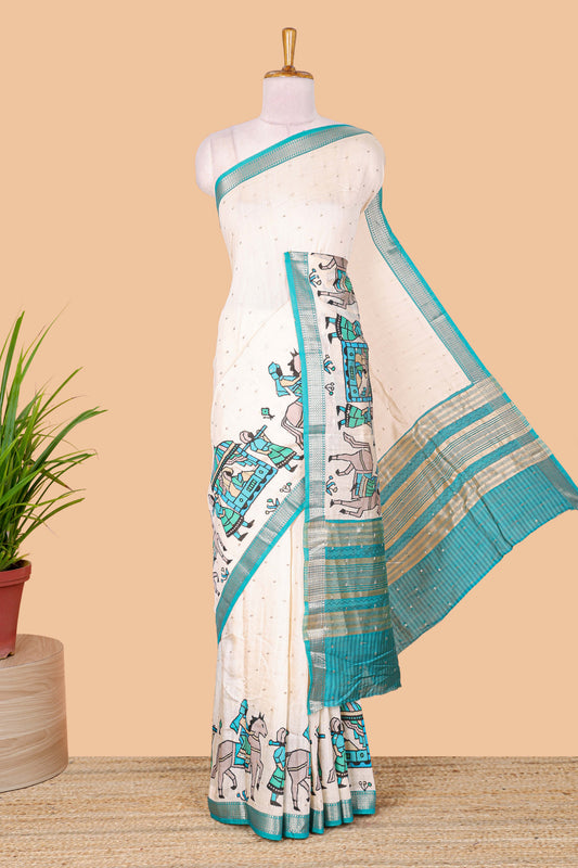 Cream zari dot buttas and pallakku procession themed assam silk saree with contrast green border and striped pallu