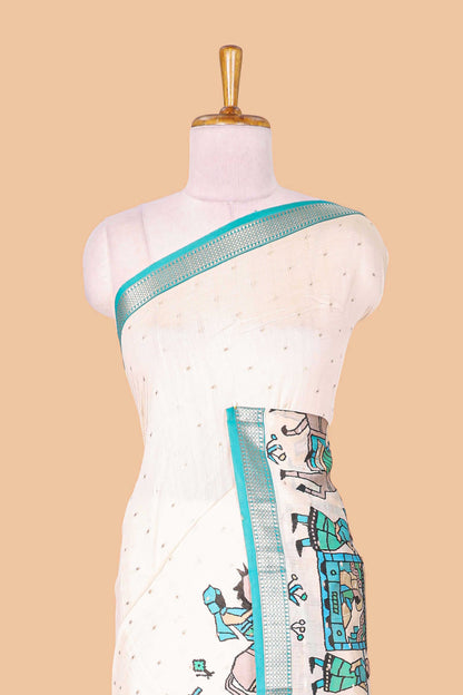 Cream zari dot buttas and pallakku procession themed assam silk saree with contrast green border and striped pallu