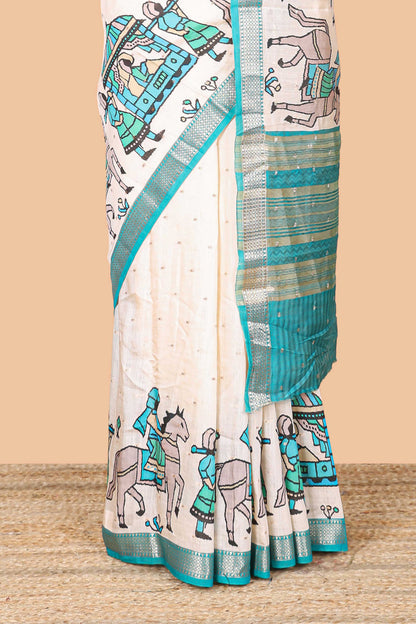 Cream zari dot buttas and pallakku procession themed assam silk saree with contrast green border and striped pallu