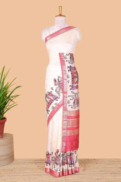 Cream zari dot buttas and pallakku procession themed assam silk saree with contrast pink border and striped pallu