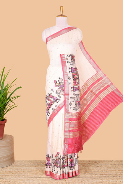 Cream zari dot buttas and pallakku procession themed assam silk saree with contrast pink border and striped pallu