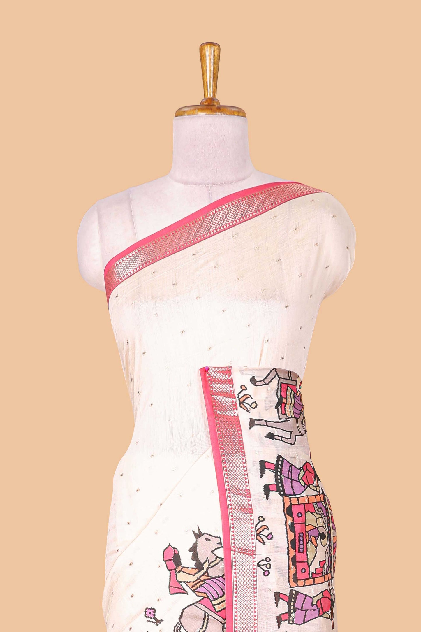 Cream zari dot buttas and pallakku procession themed assam silk saree with contrast pink border and striped pallu