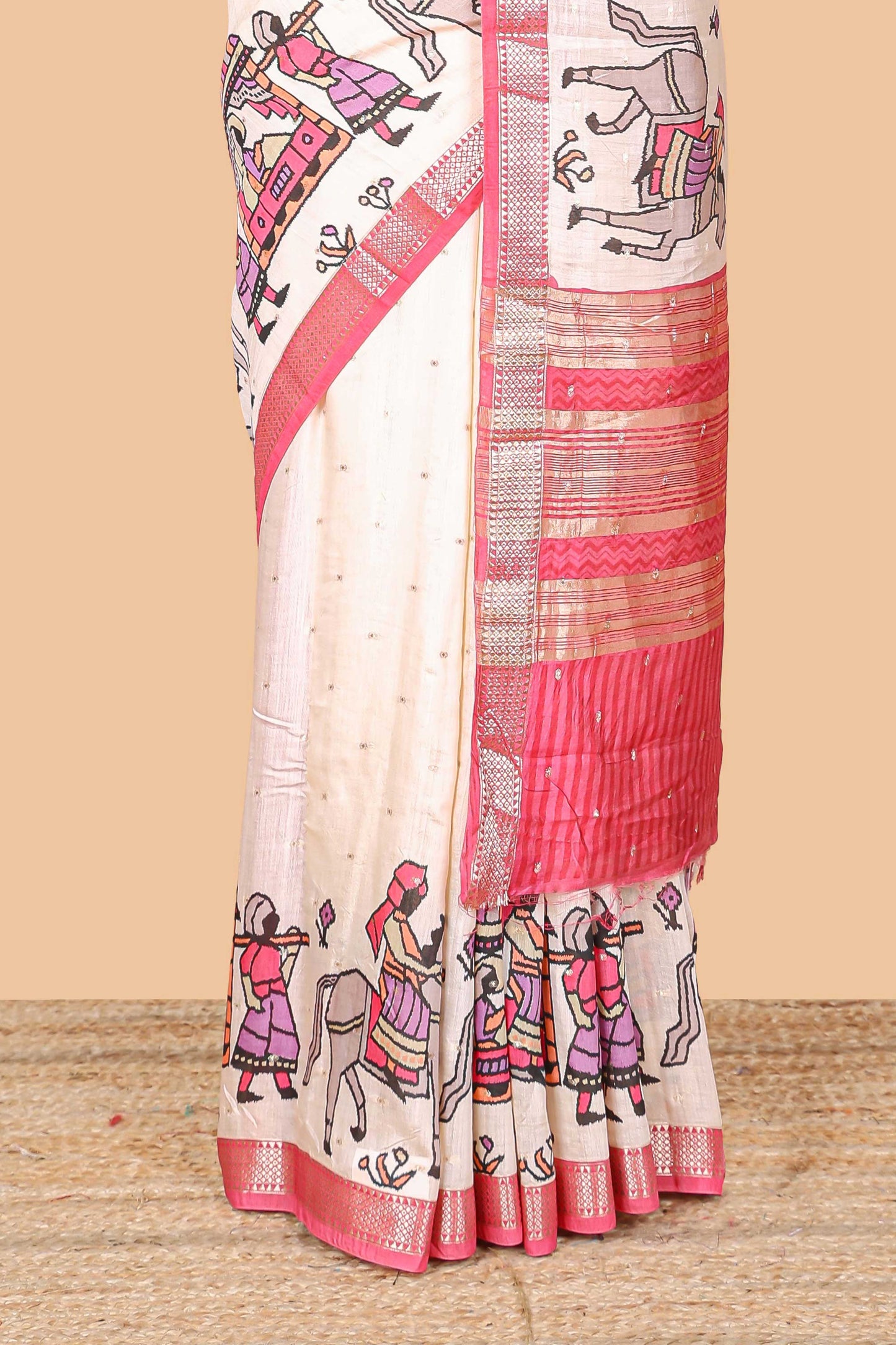 Cream zari dot buttas and pallakku procession themed assam silk saree with contrast pink border and striped pallu