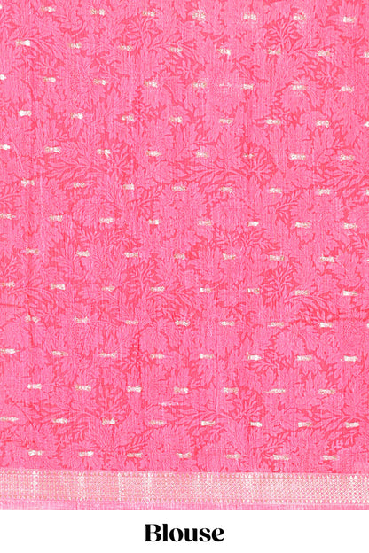 Cream zari dot buttas and pallakku procession themed assam silk saree with contrast pink border and striped pallu