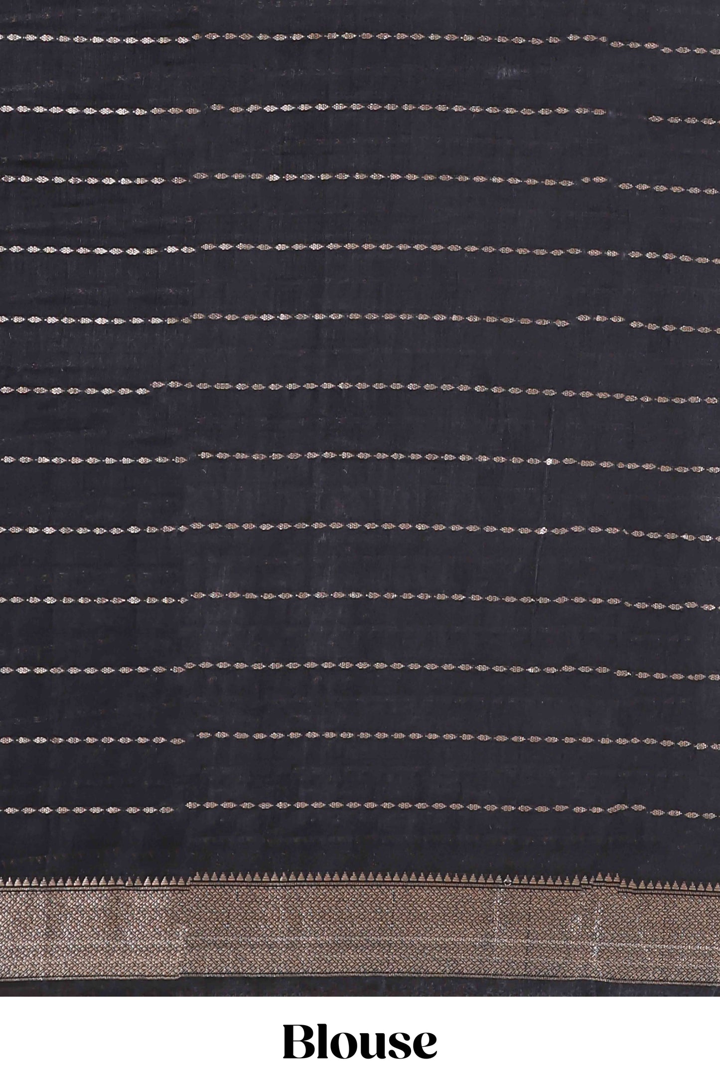 Black striped assam silk saree with kalamkari style and floral vine print, self zari border and pallu