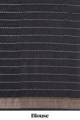 Black striped assam silk saree with kalamkari style and floral vine print, self zari border and pallu