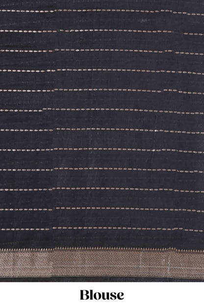 Black striped assam silk saree with kalamkari style and floral vine print, self zari border and pallu