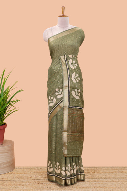 Green striped assam silk saree with small zari butta, botanical block print and zari striped pallu