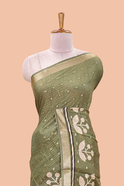 Green striped assam silk saree with small zari butta, botanical block print and zari striped pallu